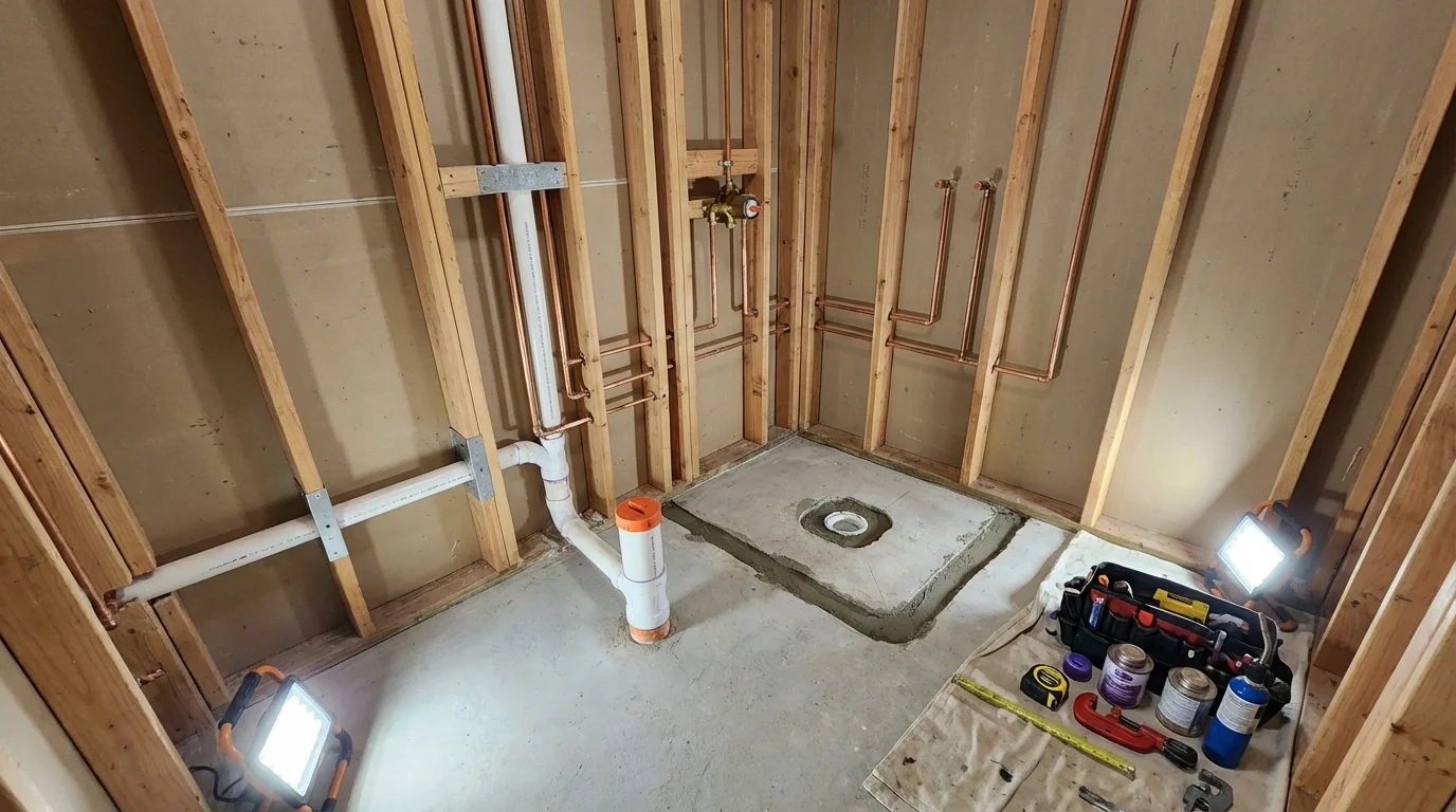 Bathroom rough-in plumbing during remodel by Johns Plumbing LLC in Beaver