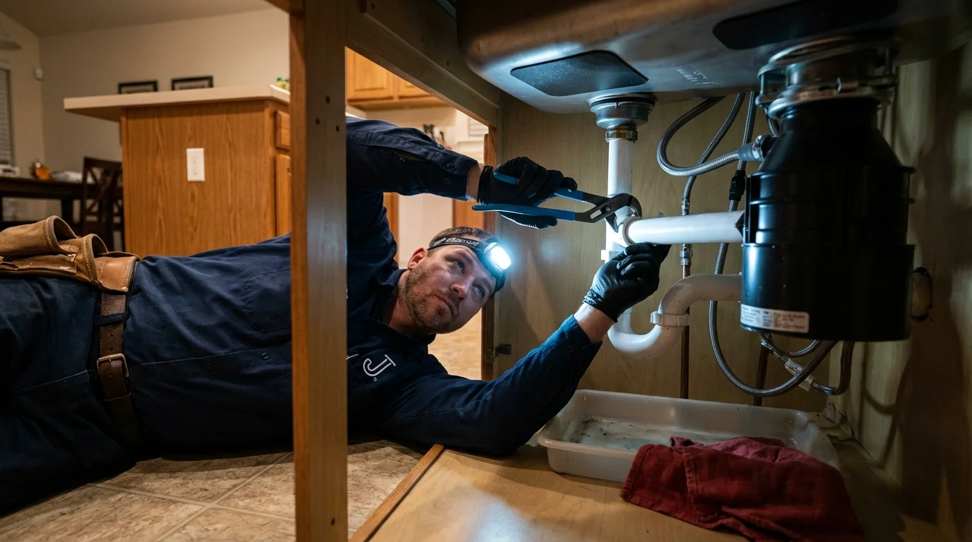 P-trap and supply line connections under a kitchen sink showing a common leak point in Beaver, PA